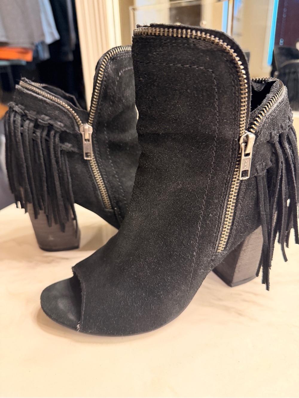 Black Suede Fringe Peep-Toe Ankle Boots - Brand
